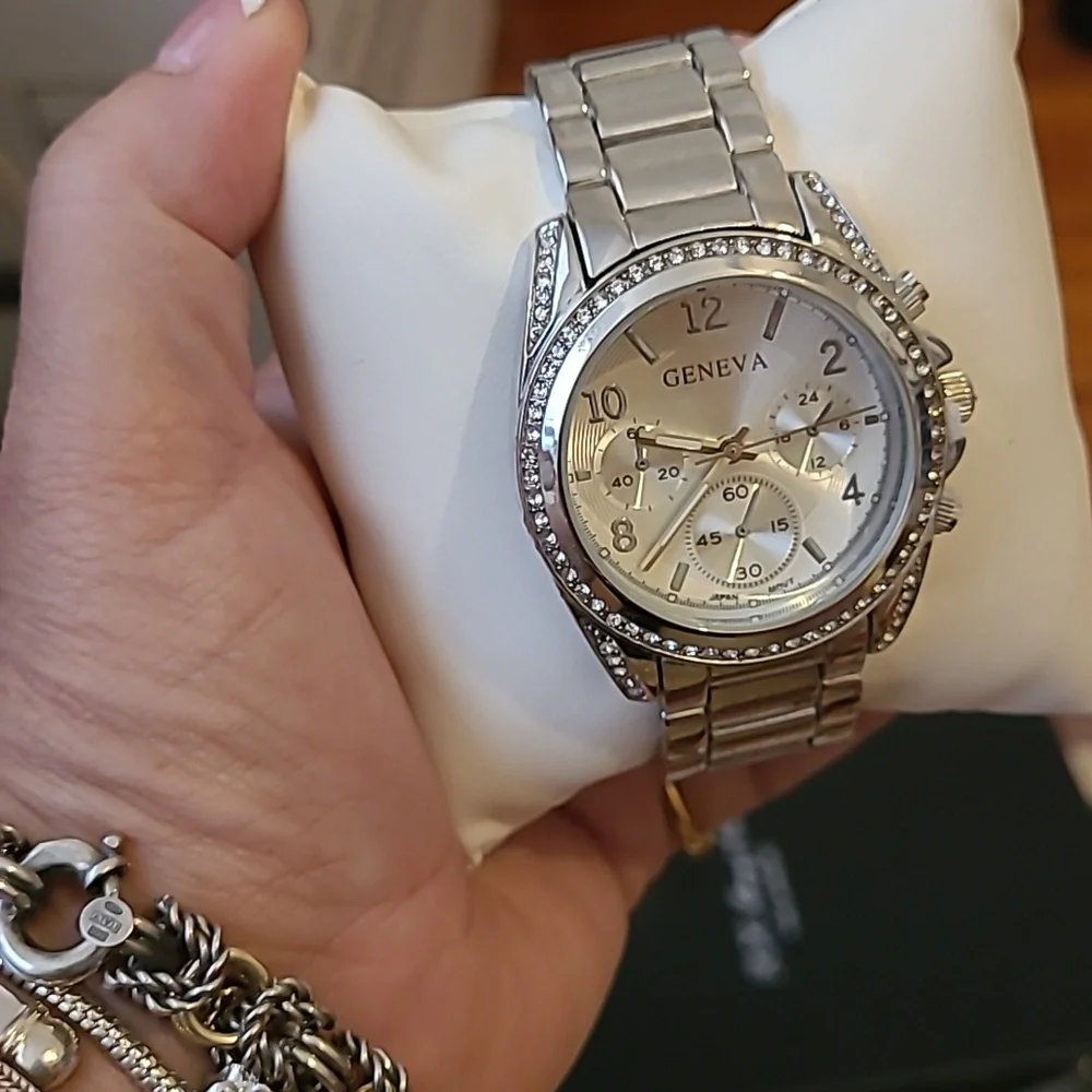 Geneva Silver Watch with Crystal Accents